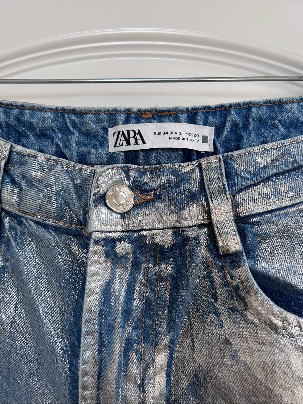 ZARA High-Rise Metallic Silver-Blue Jeans